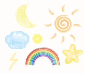 Sun, rainbow, moon, star and cloud.Set of watercolor weather forecast icons.Cute doodle.Kids and childish.Sign, symbol, icon or logo isolated for school.Vector illustration.