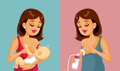 Mother Pumping and Breastfeeding Her Baby Vector Cartoon