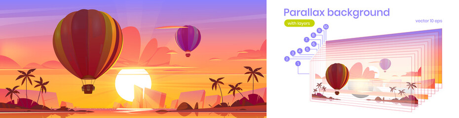 Parallax background hot air balloons flying in dusk sky above tropical island with palms in ocean. Scenery nature summer landscape with separated layers for game animation, Cartoon 2d vector scene © klyaksun