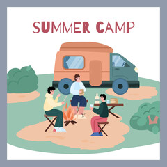 Men friends enjoy summer camping while travel by camper van. Friends eat marshmallow at campfire.