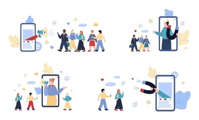 Set of vector illustrations for concept of advertising influence marketing.