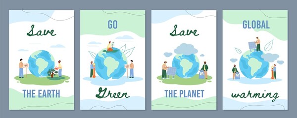 Ecological Environment saving mobile onboarding pages flat vector illustration.