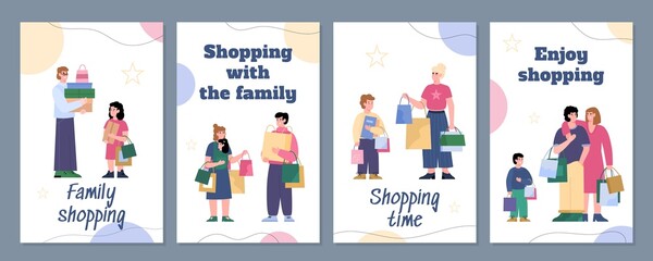 Family shopping banners for social media or mobile app flat vector illustration.