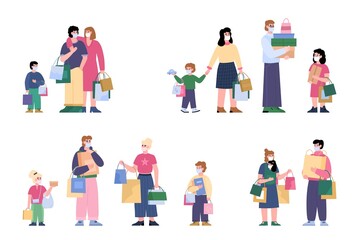 Happy family shoppers man and woman with children hold lot shopping bags.