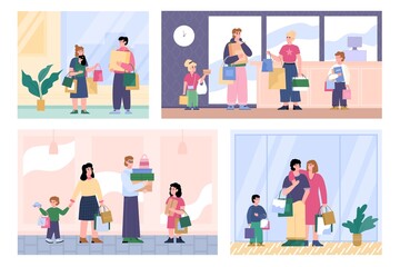 Family shoppers man, woman and children hold lot shopping bags and gift boxes.