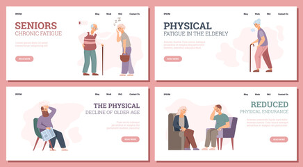 Chronic fatigue of elderly people web pages, flat vector illustration.