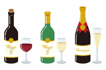 ワイン・シャンパンボトルとグラス