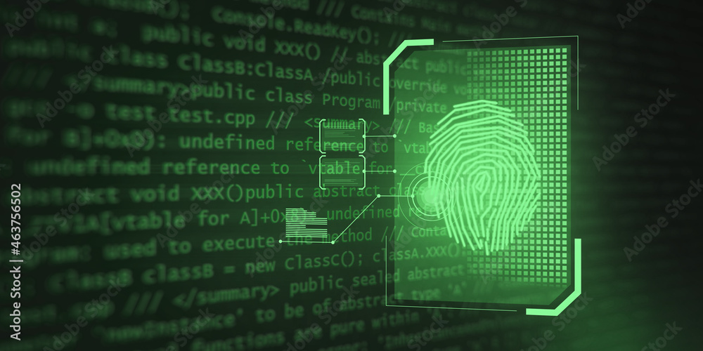 Poster Abstract glowing finger print interface on dark background with coding language. Security and biometrics concept. 3D Rendering.