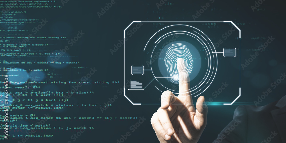 Poster Business man hand pointing at glowing finger print interface on dark background with coding language. Security and biometrics concept.