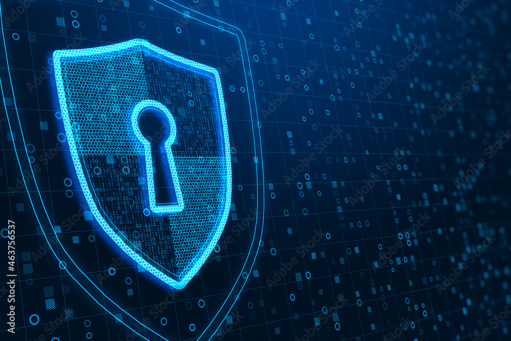 Poster Abstract glowing shield with padlock icon on dark binary code background with mock up place. Online protection, antivirus and security concept. 3D Rendering.