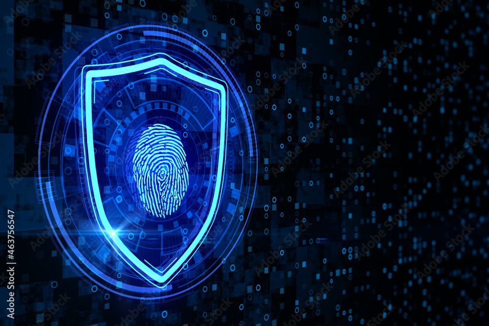 Aufkleber Abstract glowing shield with fingerprint icon on dark binary code background with mock up place. Scanning, ID and security concept. 3D Rendering.