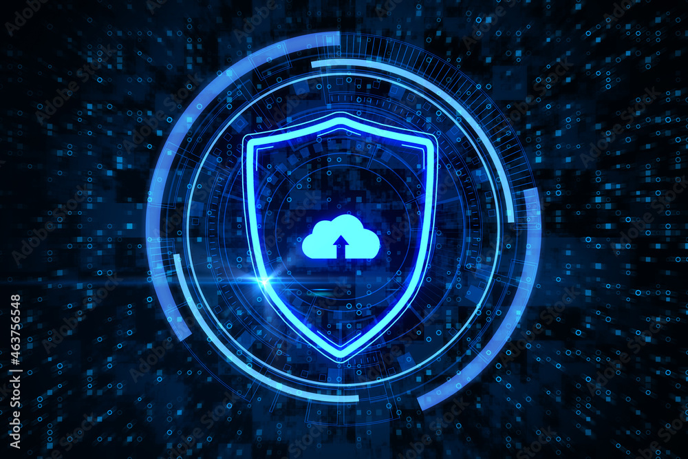 Poster Abstract glowing shield with cloud icon on dark binary code background. Cloud computing and safety concept. 3D Rendering.