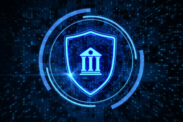 Abstract glowing shield with bank icon on dark binary code background. Online banking and security concept. 3D Rendering.