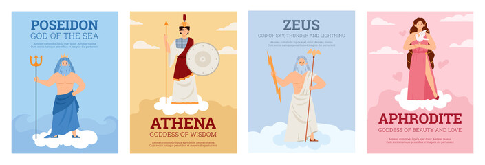 Set of vector posters with olympian goddesses and gods ancient greek mythology