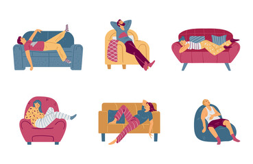 Lazy male and female persons lying and sitting on sofa and armchair at home.