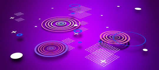 Creative glowing digital purple background with tech elements. Technology and innovation concept. 3D Rendering.