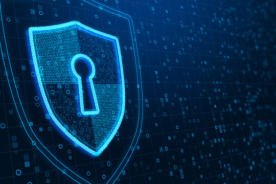 Abstract glowing shield with padlock icon on dark binary code background with mock up place. Online protection, antivirus and security concept. 3D Rendering.