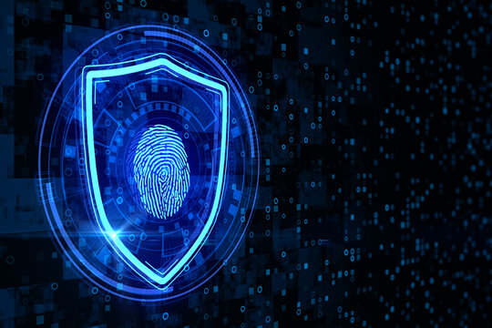Abstract glowing shield with fingerprint icon on dark binary code background with mock up place. Scanning, ID and security concept. 3D Rendering.