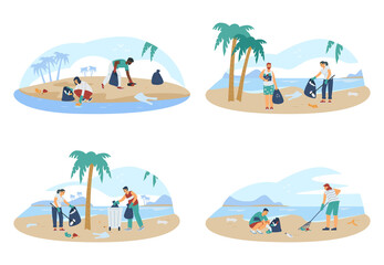 Group of volunteers during coastal cleanup event, flat vector illustration.