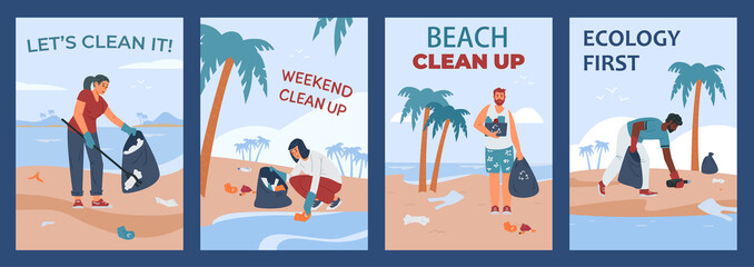 Posters with call to clean up trash and care for nature, ecology and environment