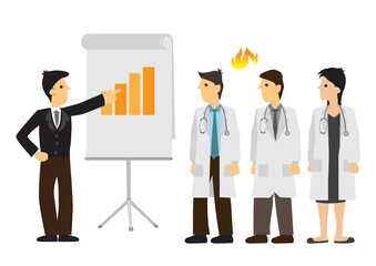 Businessman presentation with charts and diagram paper to doctors with stethoscope.
