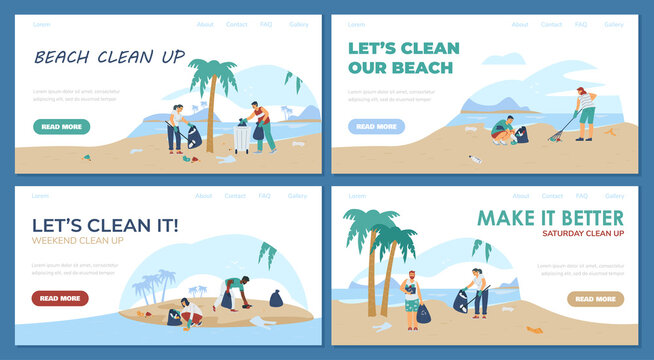 Young people clean up trash at ocean beach or sea coast care for environment.