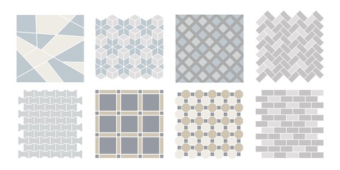 Tile pavements top view. Set of vector street , brick, architectural elements. Collection of pavement textures. Paving stone pattern for plan, garden, game, map, landscape design. Rock stones