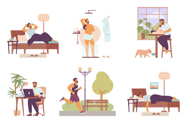 Young bearded man does daily routine activities. Set of vector flat cartoon illustrations of character man.