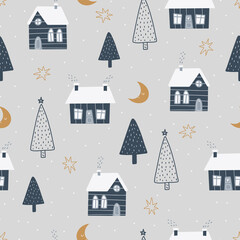 Christmas and New Year symbols with winter house and Christmas trees scandinavian hand drawn seamless pattern. Vector cute print. Digital paper. Design element