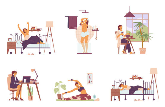Working woman daily activities and chores set flat vector illustration isolated.