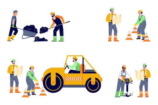 Set of road construction workers with road roller in flat vector illustration