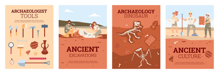 Set of vector posters on theme archeology and archaeological excavations. - obrazy, fototapety, plakaty