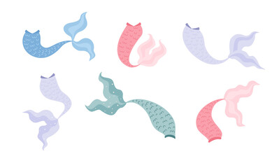 Naklejka premium Set of colored mermaid tails in cartoon flat style vector illustration