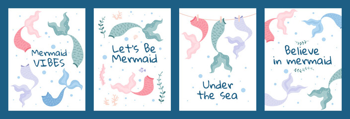 Fototapeta na wymiar Set of poster or card templates with mermaid tails in flat cartoon illustration