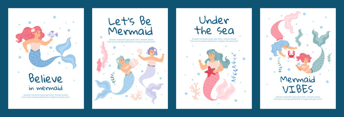 Fototapeta na wymiar Posters set with mermaids and motivational phrases, flat vector illustration.