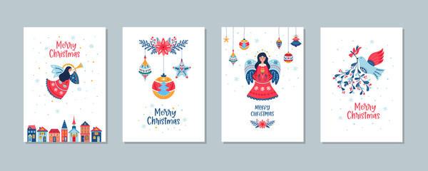 Fototapeta na wymiar Christmas cards vector set of angel balls mistletoe