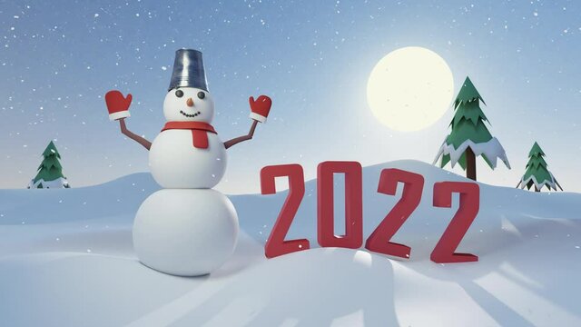 Snowman poses with the number 2022 on new year's eve against the of a full moon - 3D render
