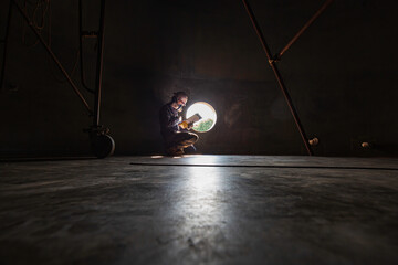 Male worker inspection record scan tank of rust thickness bottom plate