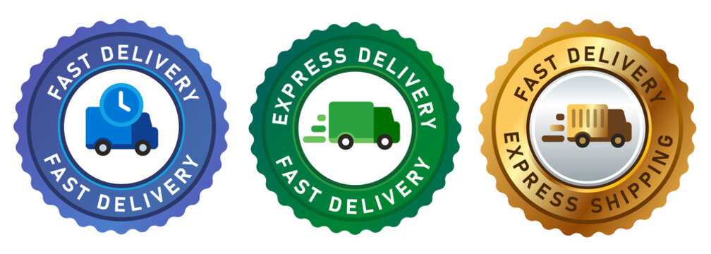 fast delivery express icon van truck emblem stamp badges sticker in blue green golden