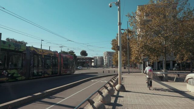 two trams pass each other in the center of the city, Montpellier - France