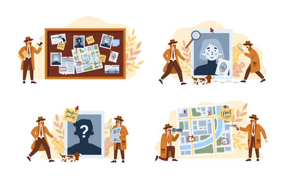 Male private detective solving crime and search criminals a vector illustrations