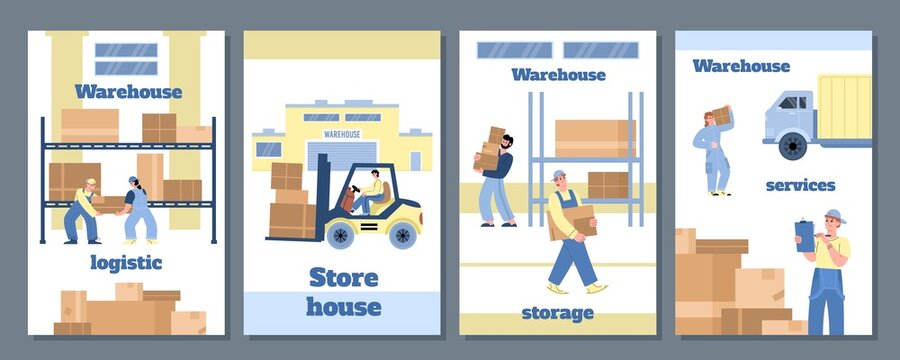 Set of templates for posters, banners of warehouse work in flat vector illustration