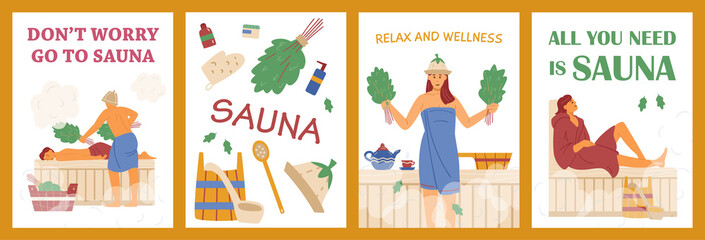 Vector posters with accessories for relaxation in banya and people enjoying sauna