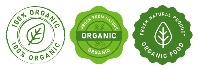 organic food stamp label design 100 percent organic natural in green color seal tag sticker design graphic isolated