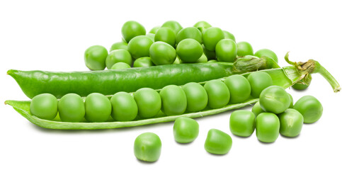 Fresh green pea pods with green peas isolated on white background. clipping path