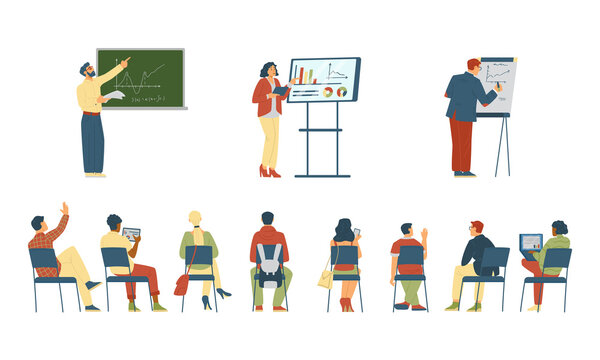 View on backs male and female students sitting on chairs and looking on teachers