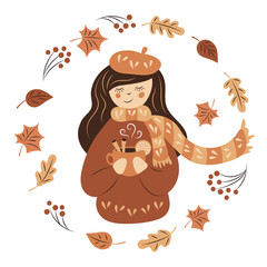 The girl drinks a hot aromatic drink. Autumn mood. Hugge. Hand drawing cute character. The isolated image on a white background.