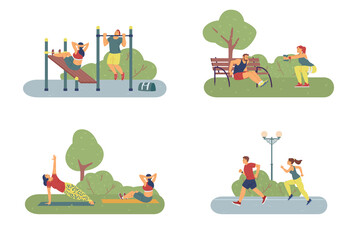 A set of female and male athletes training at street sport equipment outdoor.