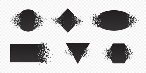 Shape explosion broken and shattered flat style design vector illustration set isolated on transparent background. Rhombus, circle, triangle, pentagon, rectangle shape grayscale exploding demolition.