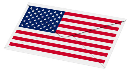 Closed envelope with the US flag. One closed white envelope with the US flag isolated on white background. 3d illustration